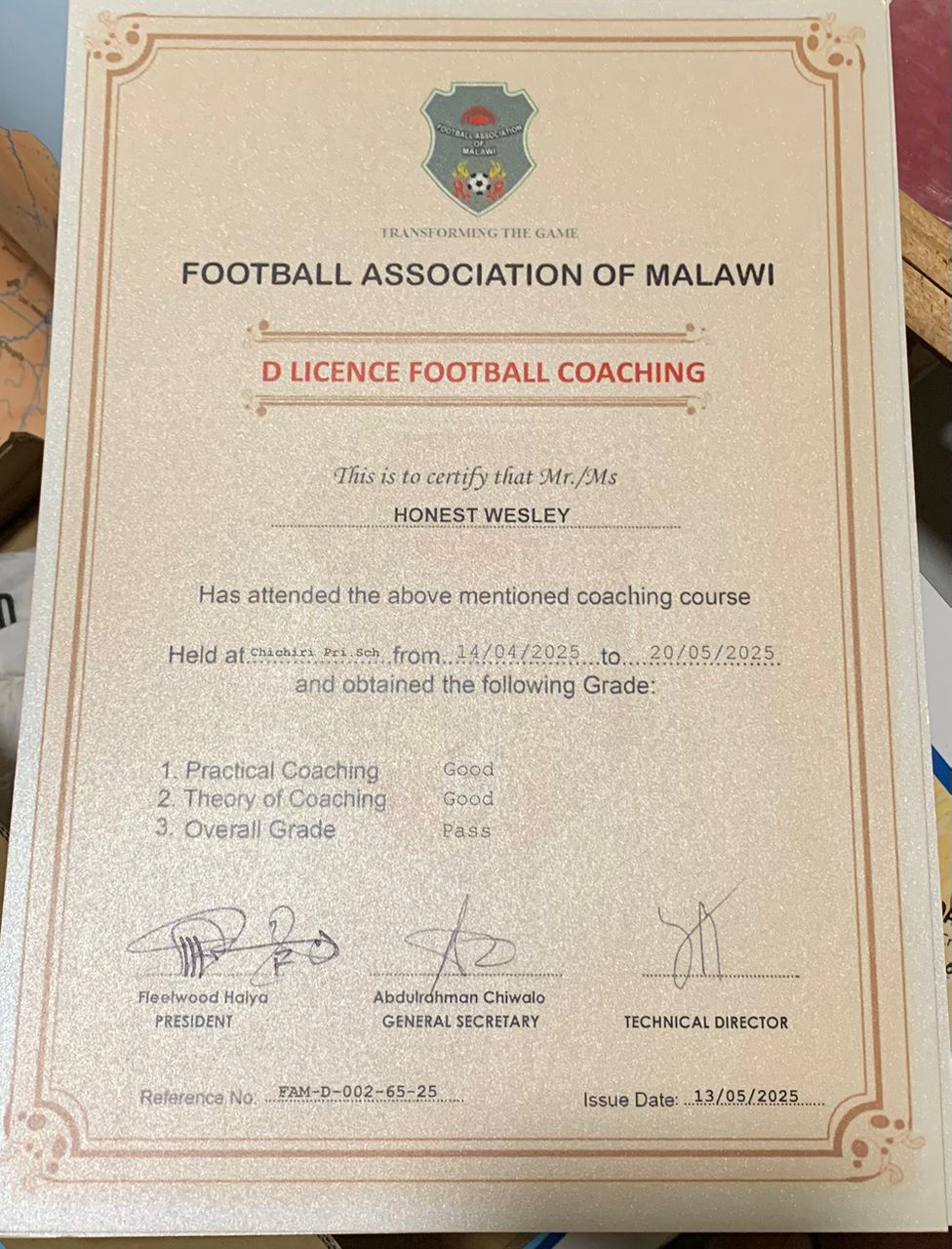 FAM D Coaching Licence certificate